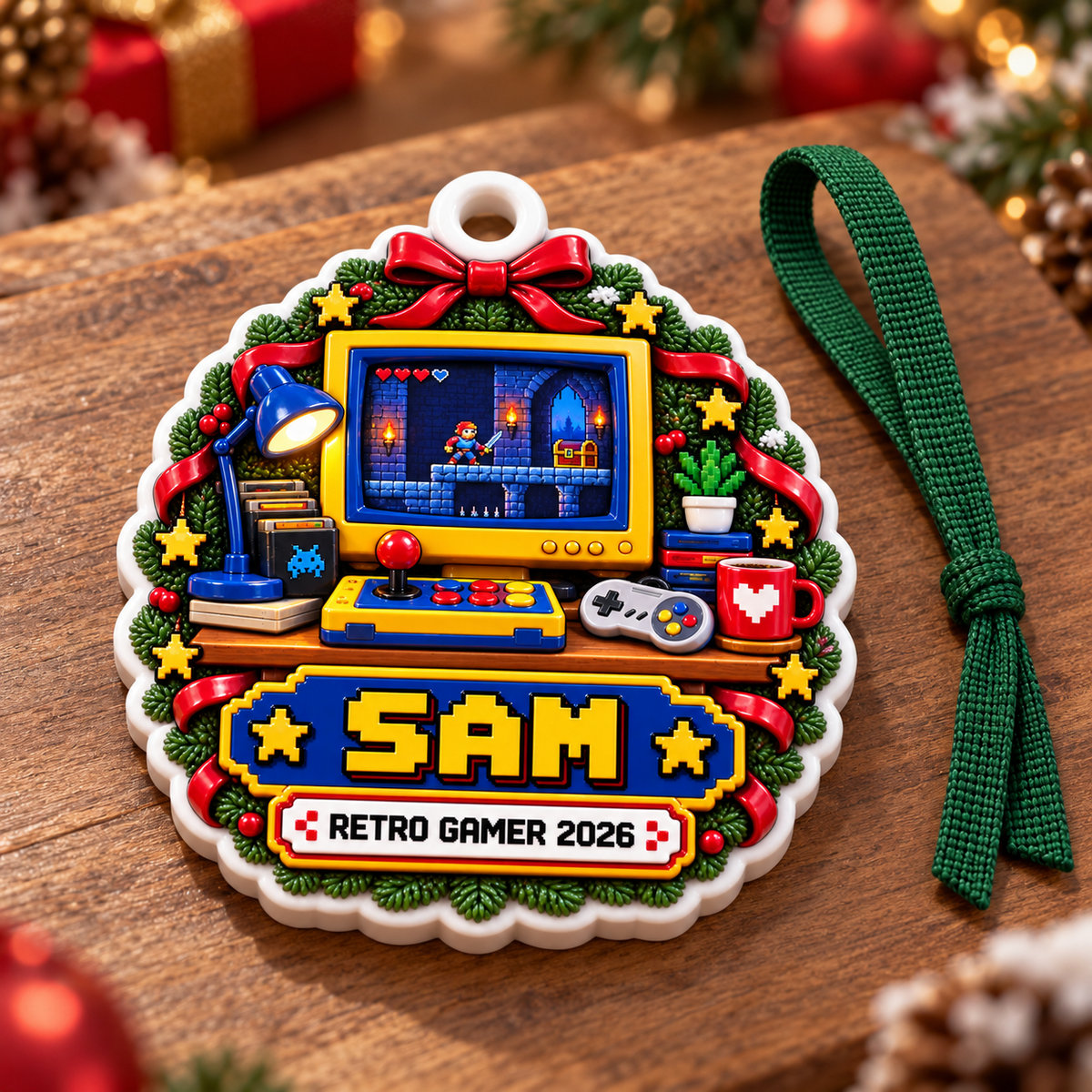Retro Gamer Pixel Arcade Desk Holiday Hanging Keepsake - 3D Relief Ornament