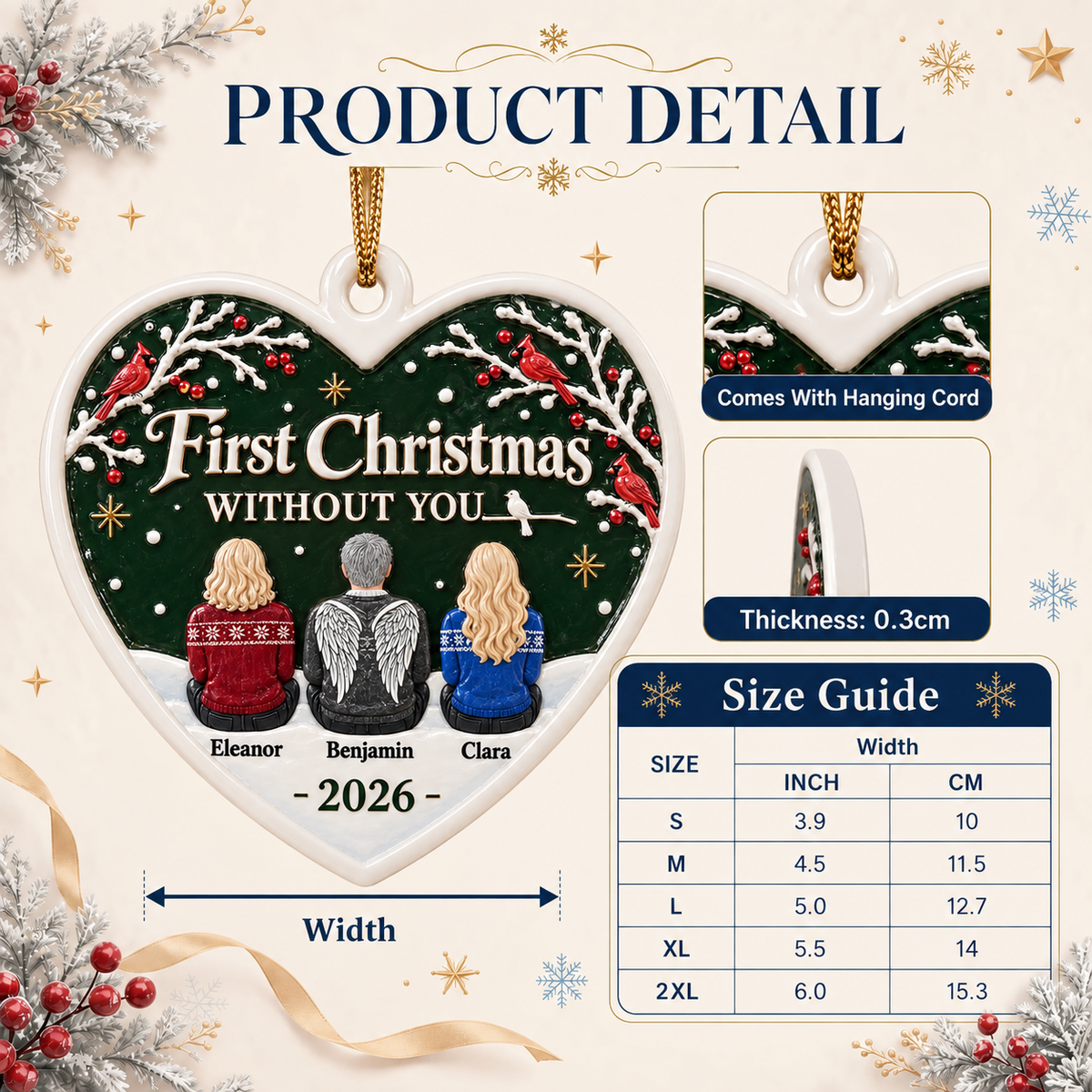 Heart Memorial First Christmas Without You Cardinal Holiday Keepsake - 3D Relief Ornament
