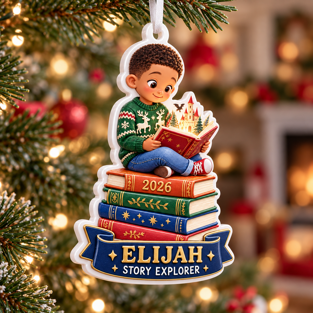 Boy Reading on Stack of Books Acrylic Holiday Keepsake - 3D Relief Ornament