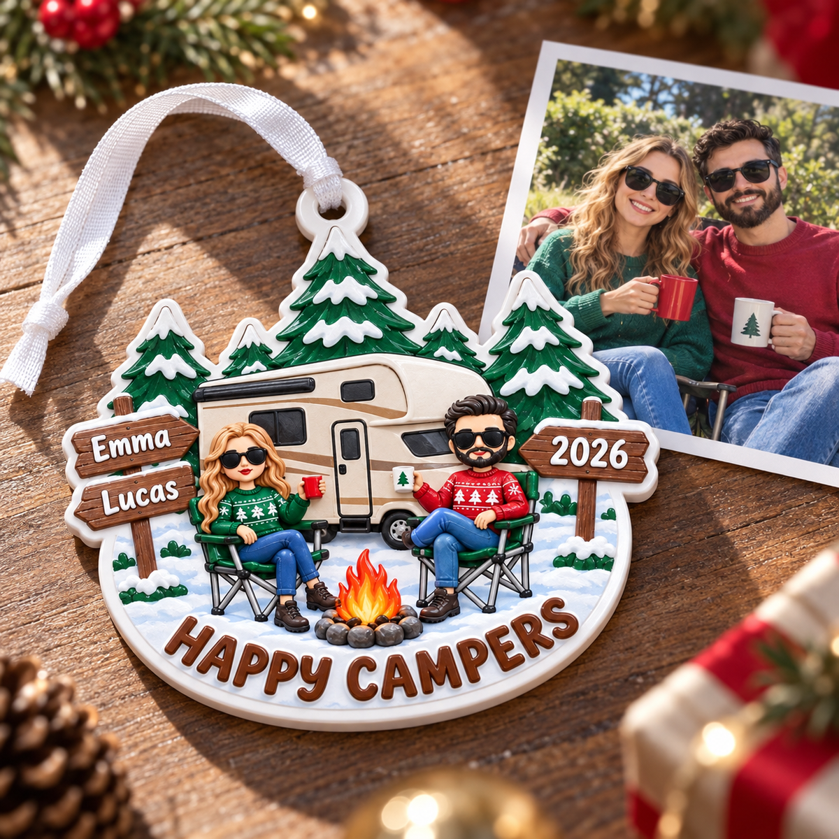Holiday Tree Hanging RV Couple Campfire Winter Pine Forest Decor - 3D Relief Ornament