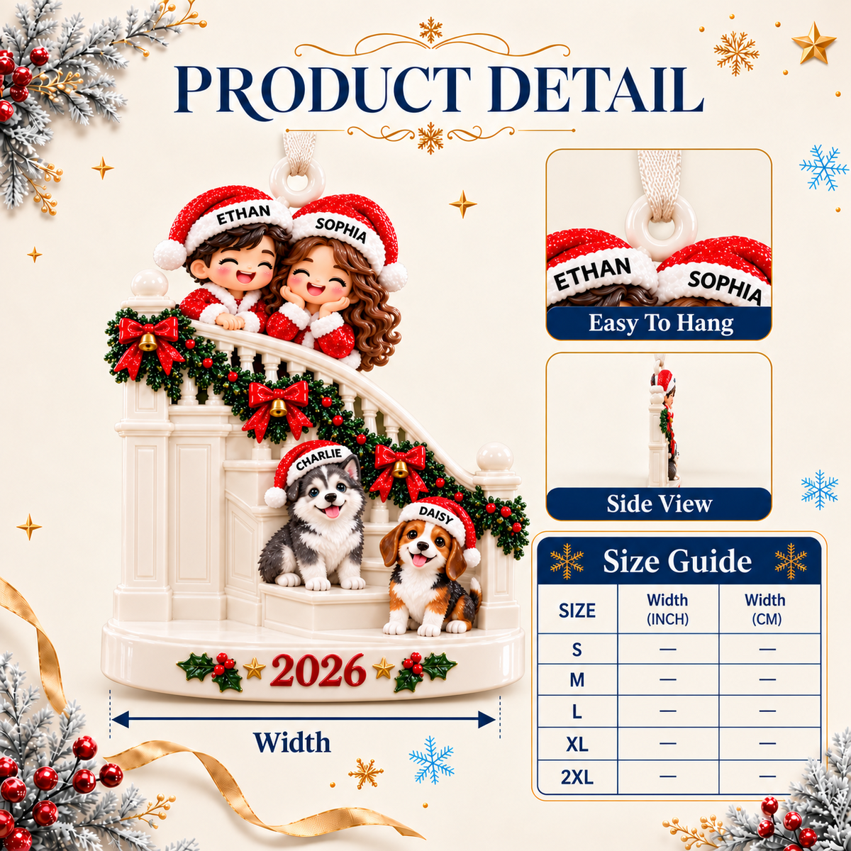 Family Couple with Two Dogs on Christmas Staircase Holiday Keepsake - 3D Relief Ornament