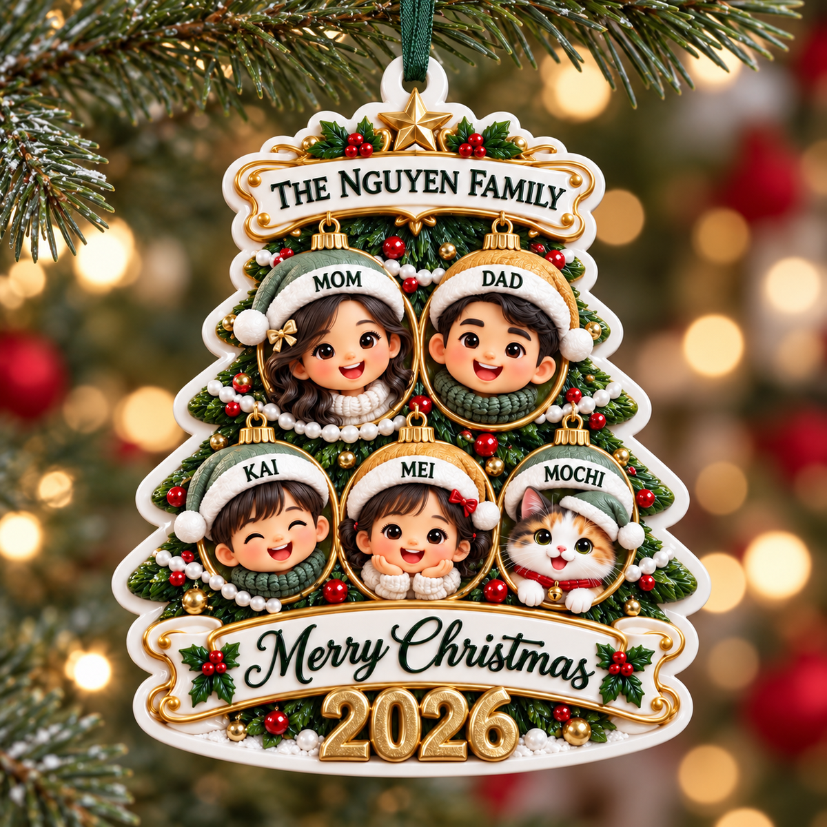 Christmas Tree Family of 5 with Pet Bauble Holiday Tree Hanging Keepsake - 3D Relief Ornament