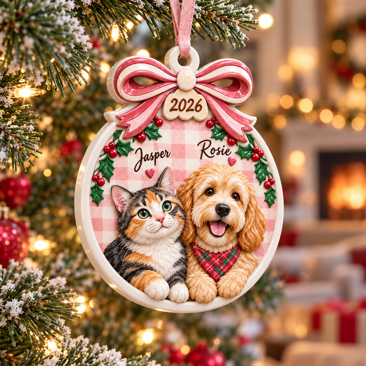 Dog and Cat Holiday Tree Hanging Keepsake with Pink Gingham Bow - 3D Relief Ornament