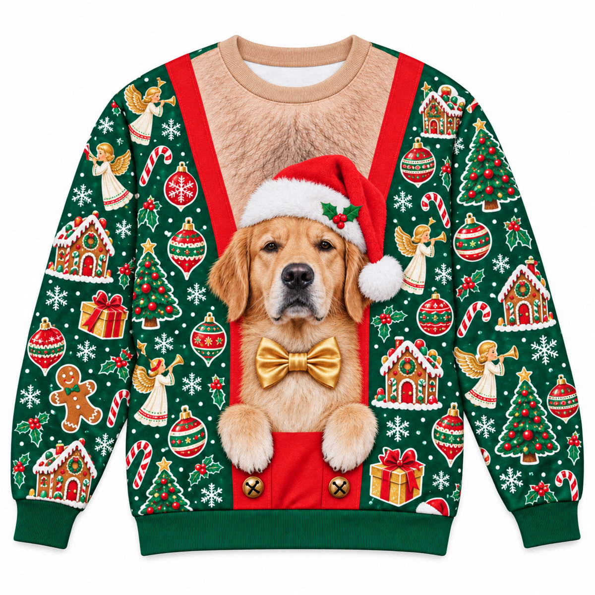 Golden Retriever Ugly Christmas Sweatshirt Faux Hairy Chest Pullover