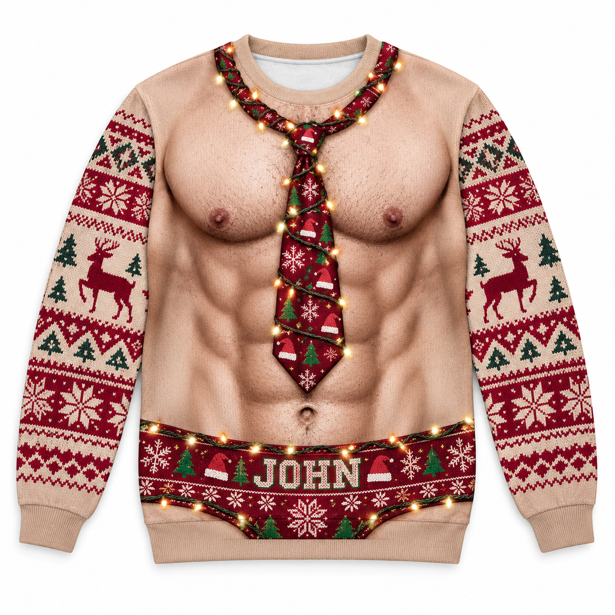 Funny Christmas Sweatshirt Faux Muscle Chest Holiday Tie Graphic