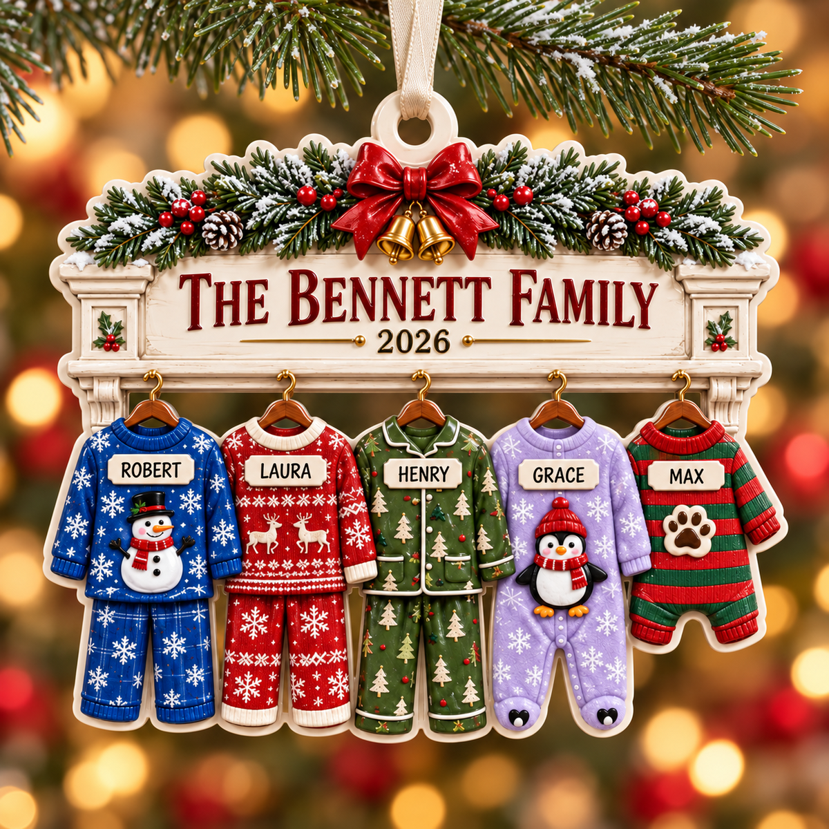 Family Pajamas Fireplace Mantle Hanging Holiday Keepsake - 3D Relief Ornament