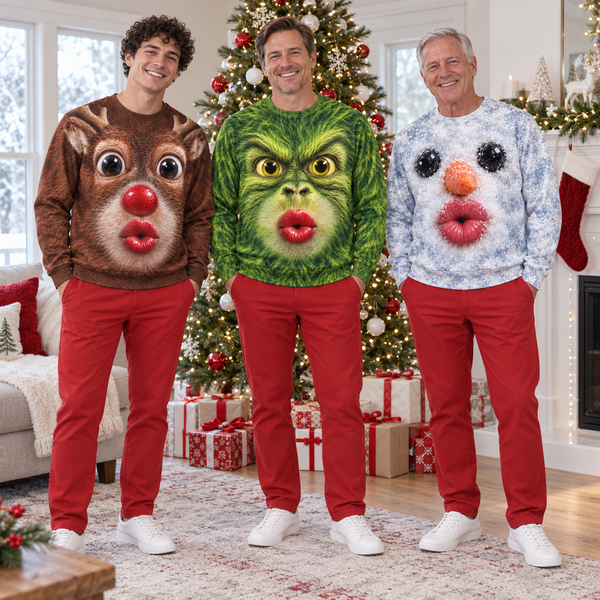 Funny Christmas Sweatshirt 3D Kissing Face Holiday Character Pullover