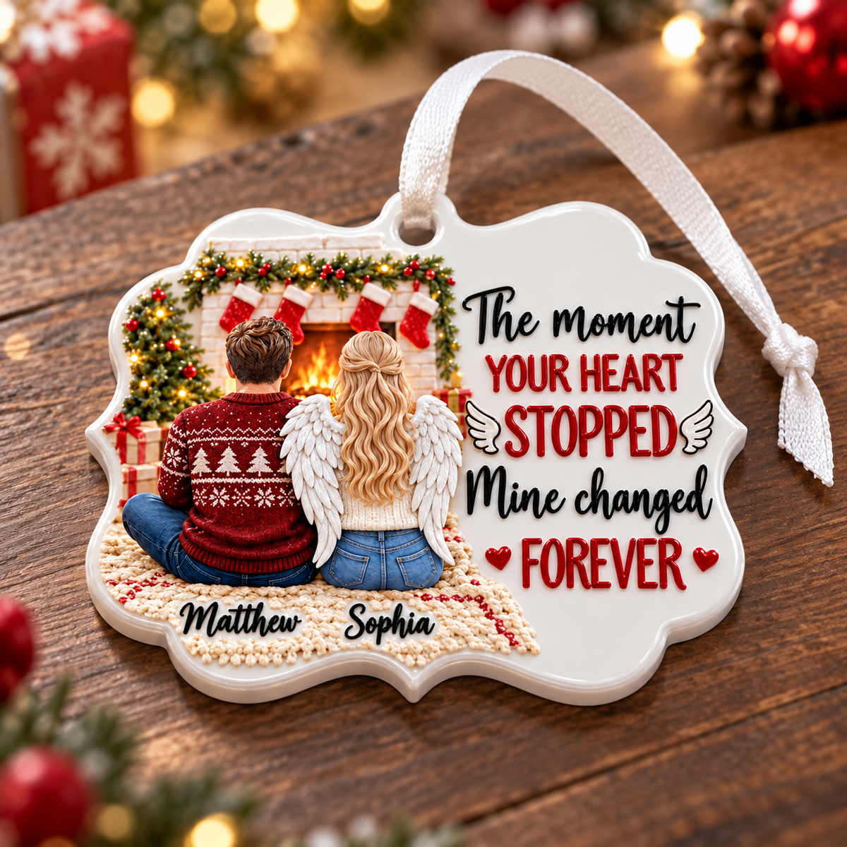 Couple Memorial Fireplace Scene with Angel Wings Bracket Shape Acrylic Hanging Keepsake - 3D Relief Ornament