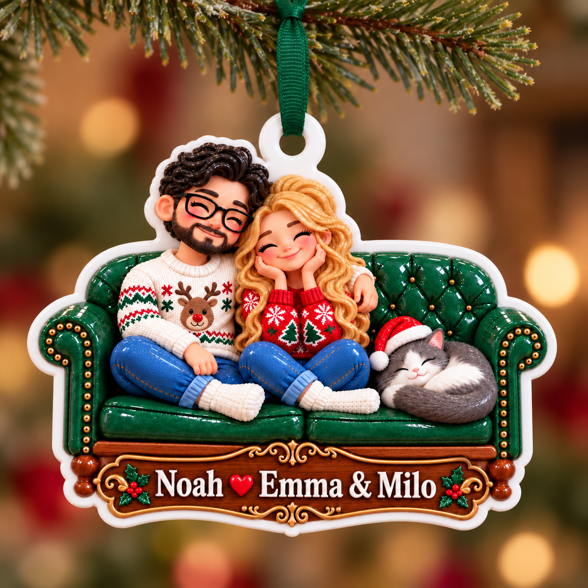 Couple with Cat on Green Tufted Sofa Acrylic Christmas Tree Hanging Decor - 3D Relief Ornament