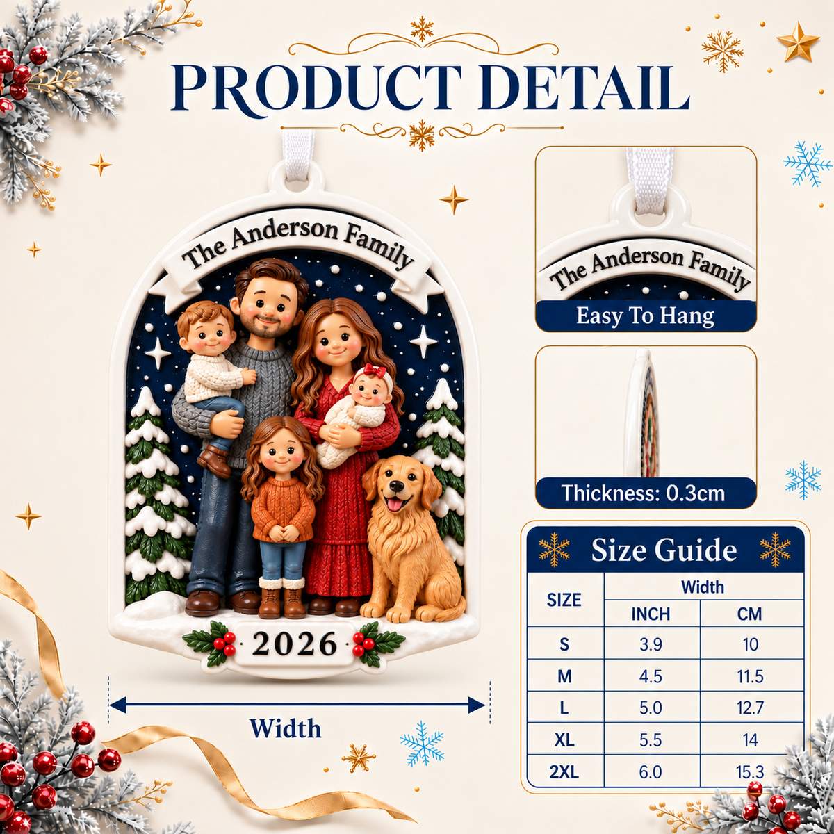 Family of Five with Golden Retriever Dog Holiday Keepsake Arch - 3D Relief Ornament
