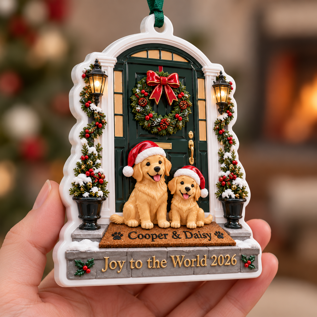 Golden Retriever Dogs at Christmas Front Door Holiday Keepsake - 3D Relief Ornament