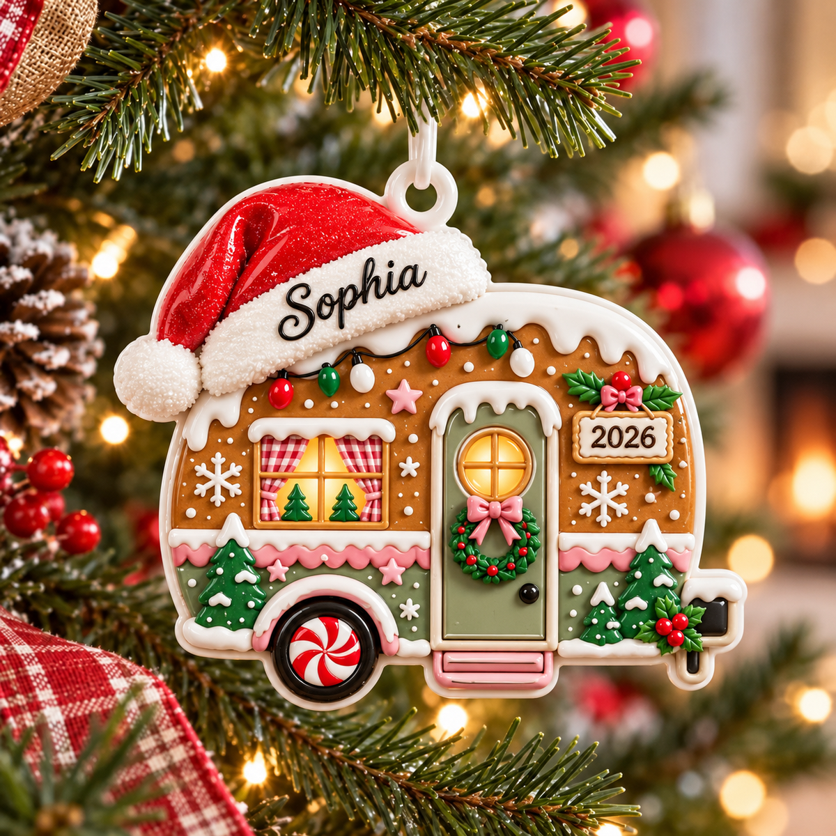Gingerbread Camper Holiday Decoration with Santa Hat - 3D Relief Ornament