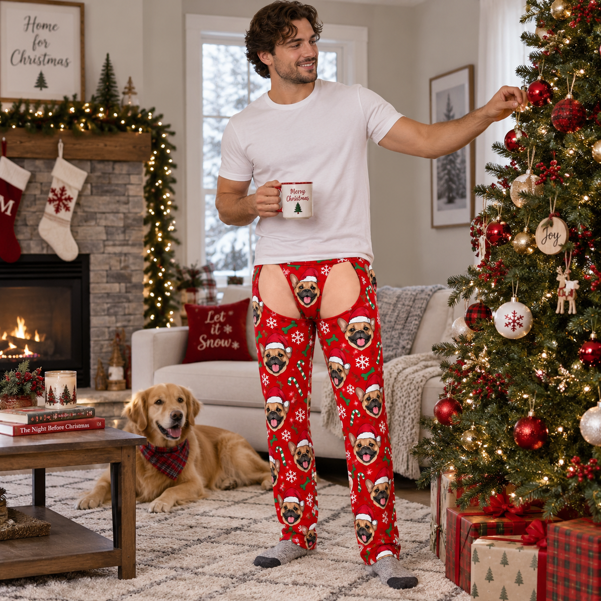Men's Christmas Corgi Cutout Pajama Pants Light Blue Novelty Chaps