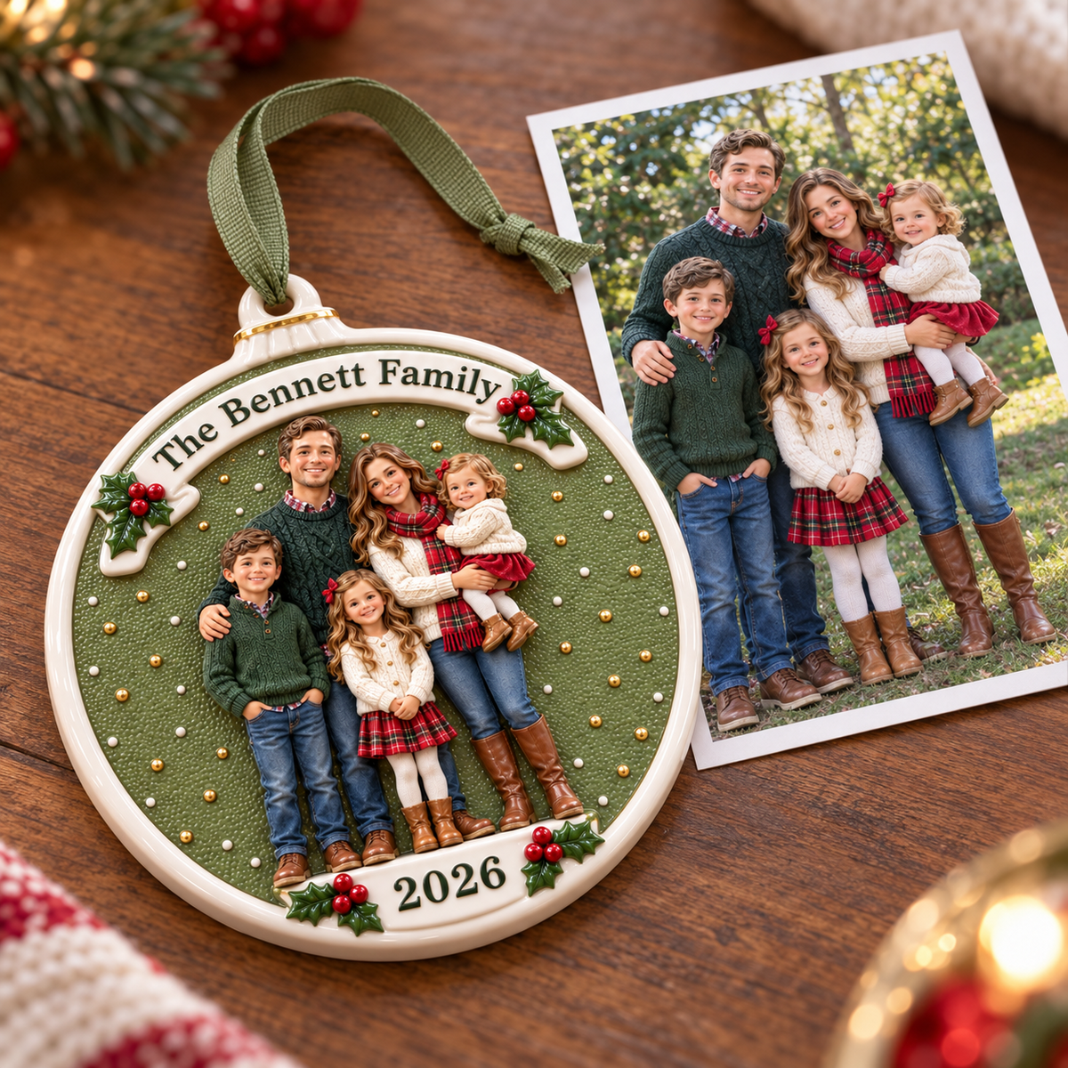 Family Portrait Ceramic Medallion with Ribbon and Holly Accents - 3D Relief Ornament