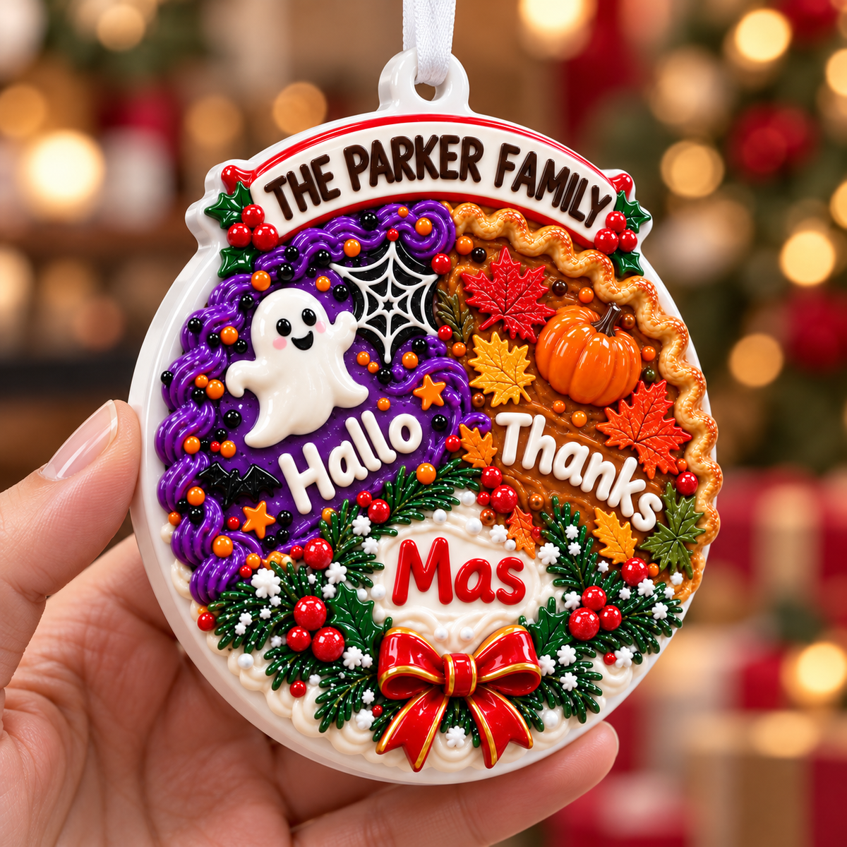 Hallo Thanks Mas Holiday Trio Hanging Medallion with Autumn Leaves and Ghost - 3D Relief Ornament