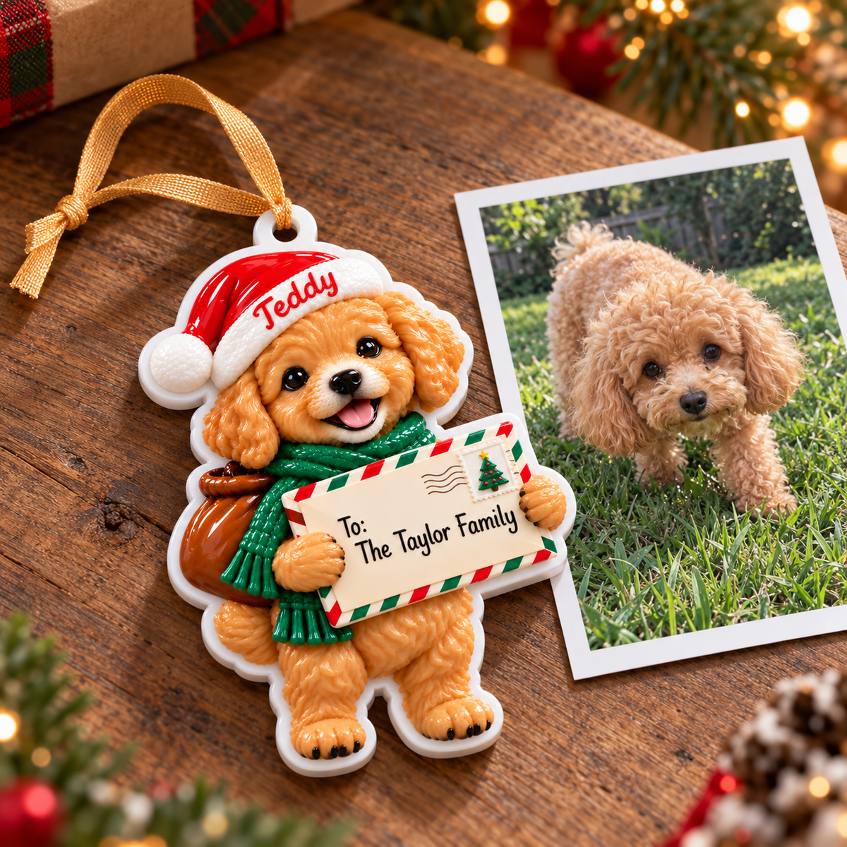 Christmas Puppy Holding Holiday Letter Hanging Tree Decor - 3D Relief Ornament