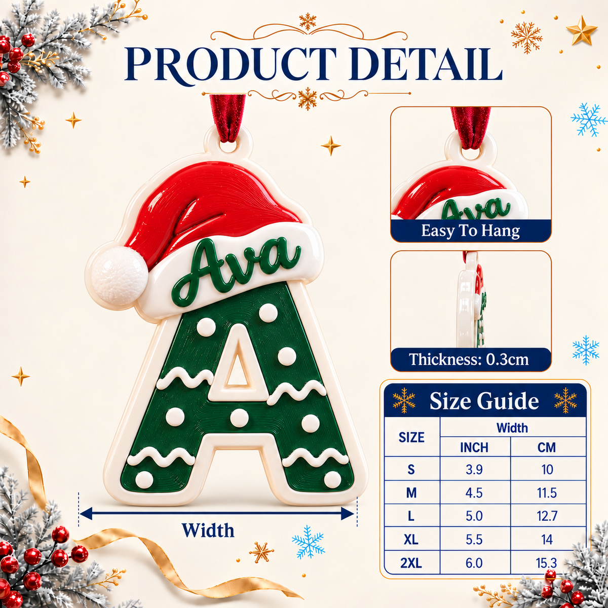 Christmas Letter A Monogram with Santa Hat, Green and White Holiday Tree Hanging - 3D Relief Ornament