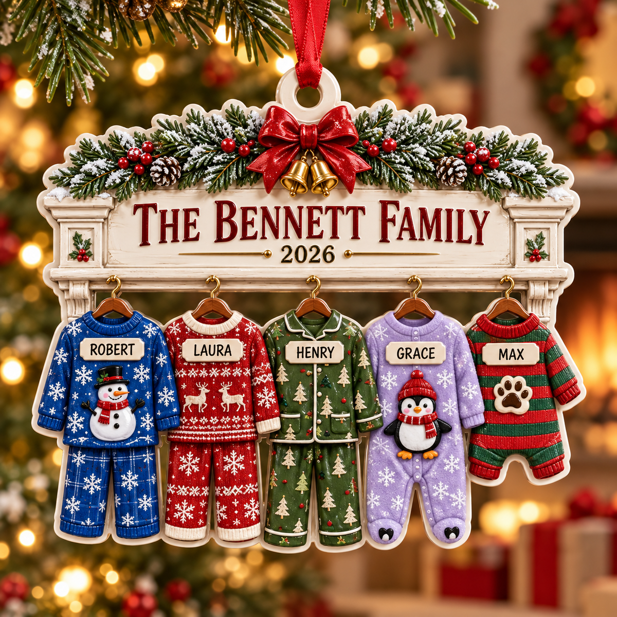 Family Pajamas Fireplace Mantle Hanging Holiday Keepsake - 3D Relief Ornament