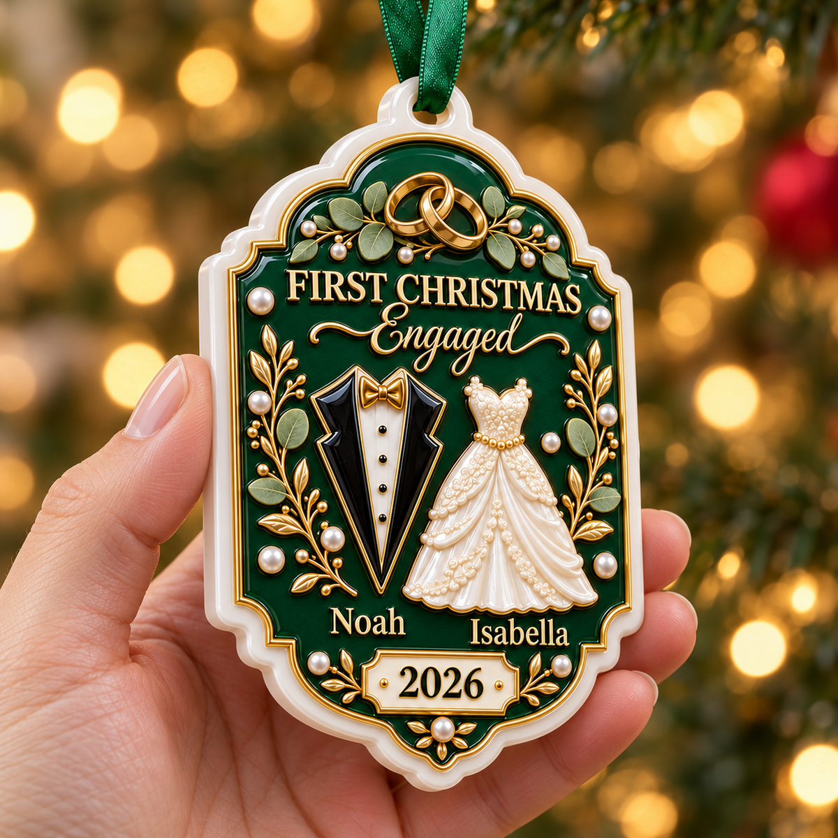 First Christmas Engaged Couple Plaque Emerald Green Tuxedo Gown Keepsake - 3D Relief Ornament