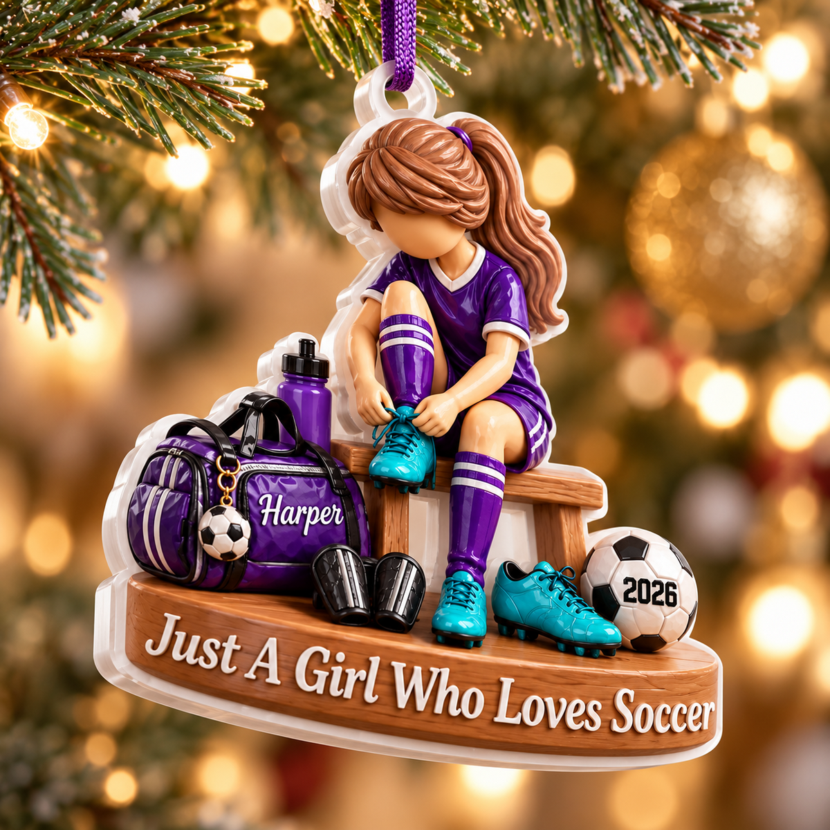 Girl Soccer Player Locker Room Bench Acrylic Hanging Holiday Keepsake - 3D Relief Ornament