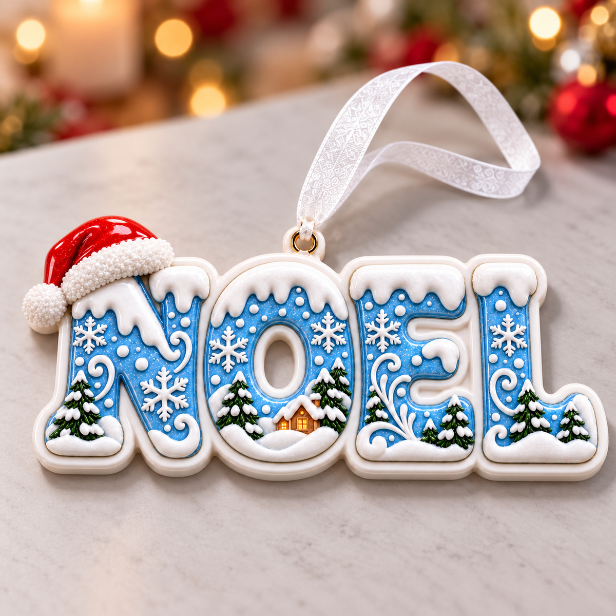 Winter Noel Lettering Holiday Tree Hanging Decor with Santa Hat - 3D Relief Ornament