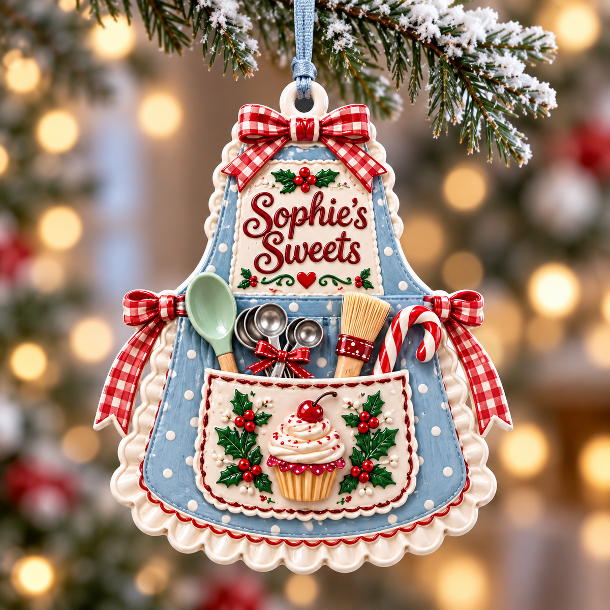 Baking Apron Holiday Tree Pendant with Cupcake and Utensils - 3D Relief Ornament