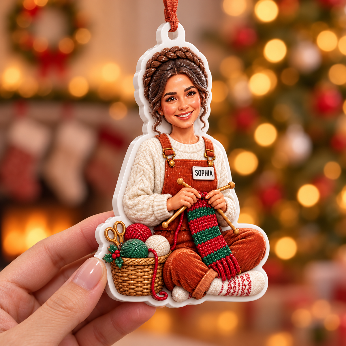 Knitting Girl Crafter with Yarn Basket Acrylic Holiday Hanging Keepsake - 3D Relief Ornament