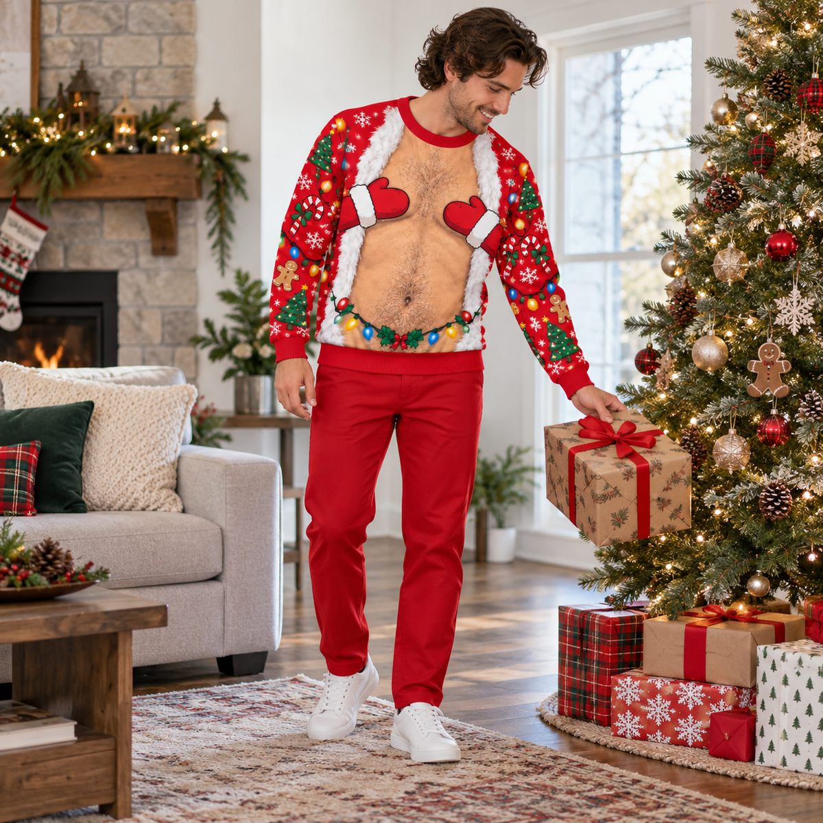 Funny Christmas Sweatshirt Hairy Chest Mitten Lights Ugly Sweater