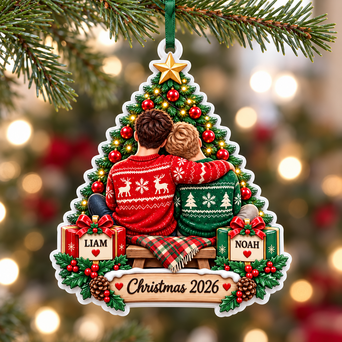 Couple Sitting by Christmas Tree Acrylic Hanging Plaque - 3D Relief Ornament