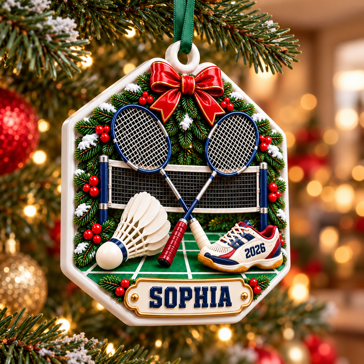 Badminton Rackets and Shuttlecock Court Hexagon Holiday Keepsake - 3D Relief Ornament