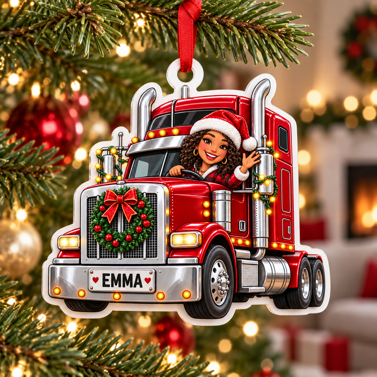 Red Semi Truck Female Driver Holiday Acrylic Tree Hanging - 3D Relief Ornament