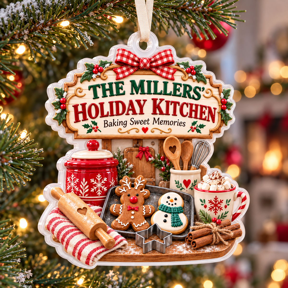 Holiday Kitchen Gingerbread Baking Scene Acrylic Hanging Tree Bauble - 3D Relief Ornament