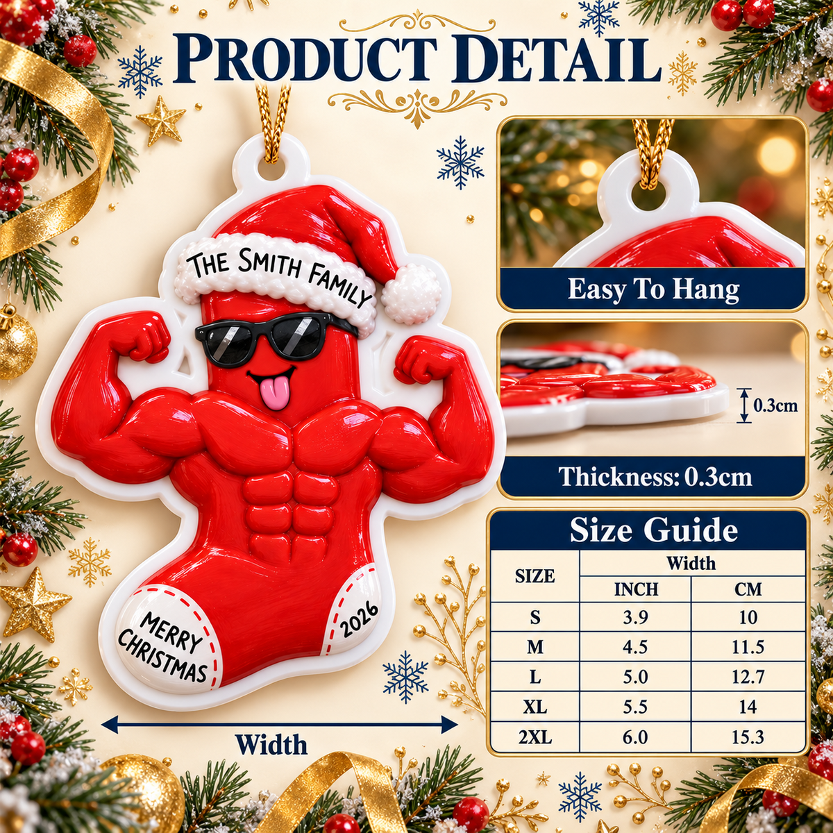 Muscular Christmas Stocking Character Hanging Holiday Decoration - 3D Relief Ornament