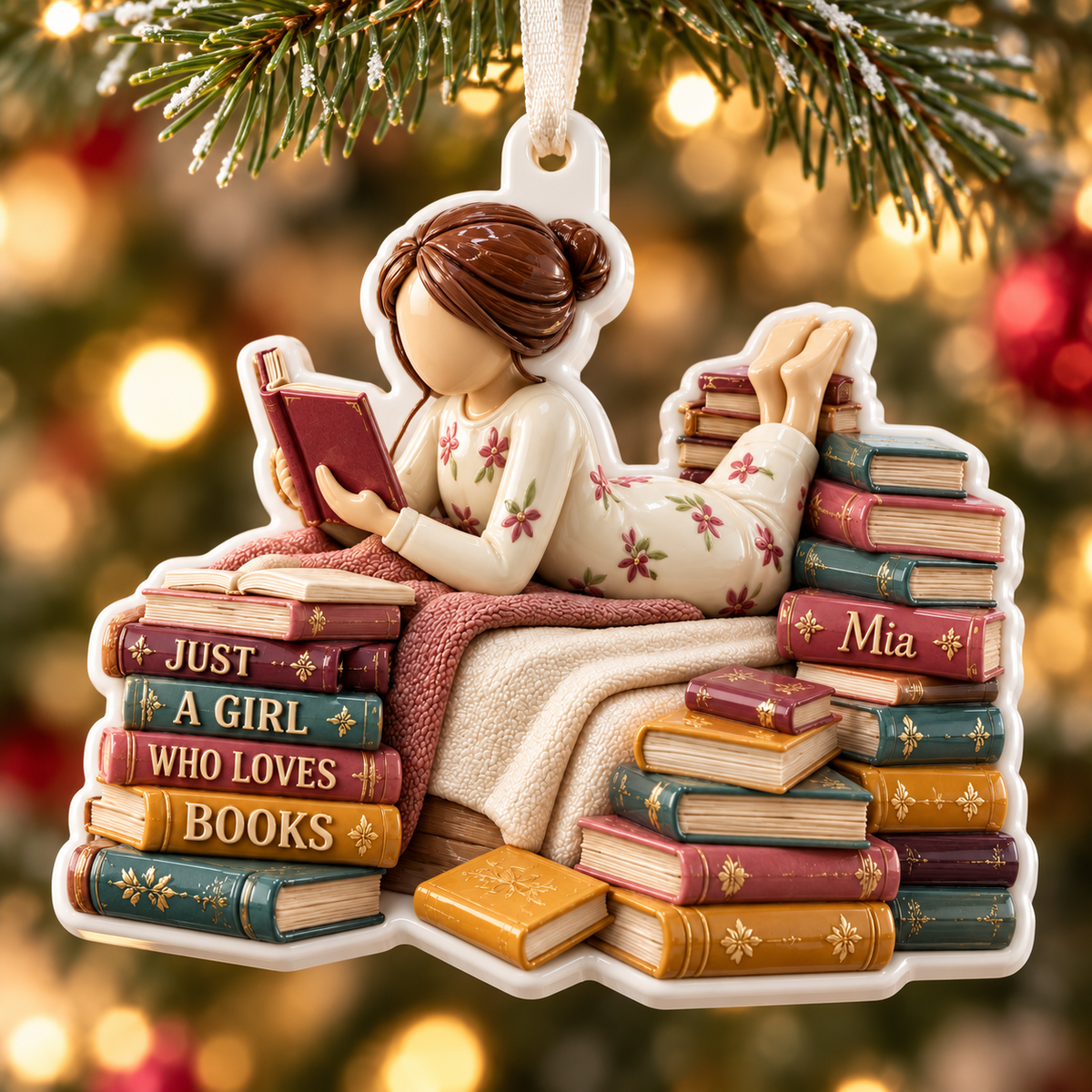 Girl Reading on Bed with Book Stacks Hanging Keepsake - 3D Relief Ornament