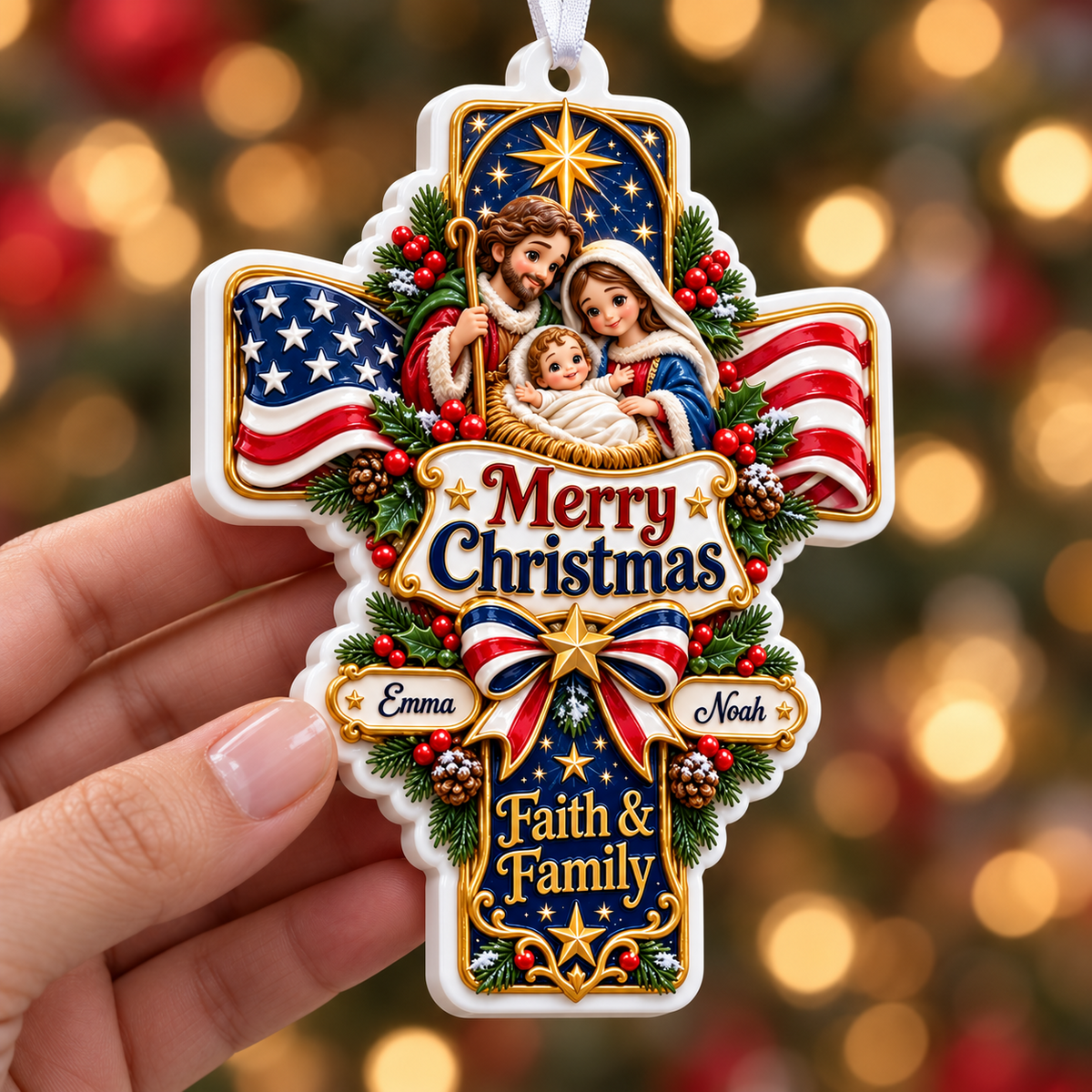 Nativity Scene American Flag Cross Faith and Family Holiday Tree Hanging Decor - 3D Relief Ornament
