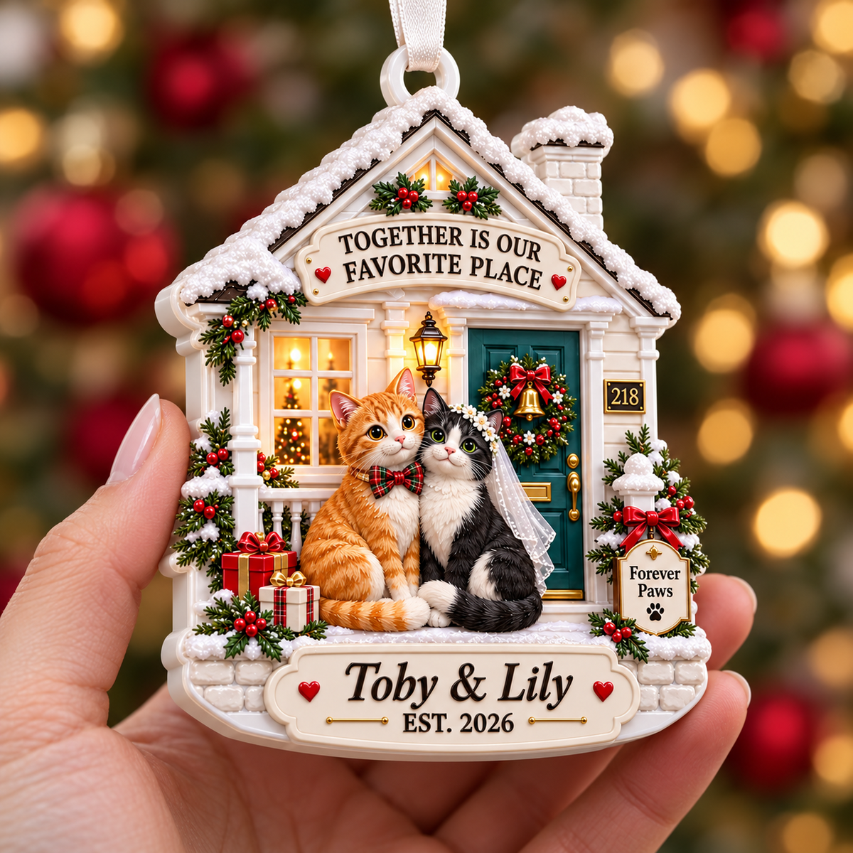 Cat Couple Winter Cottage Holiday Keepsake Plaque - 3D Relief Ornament