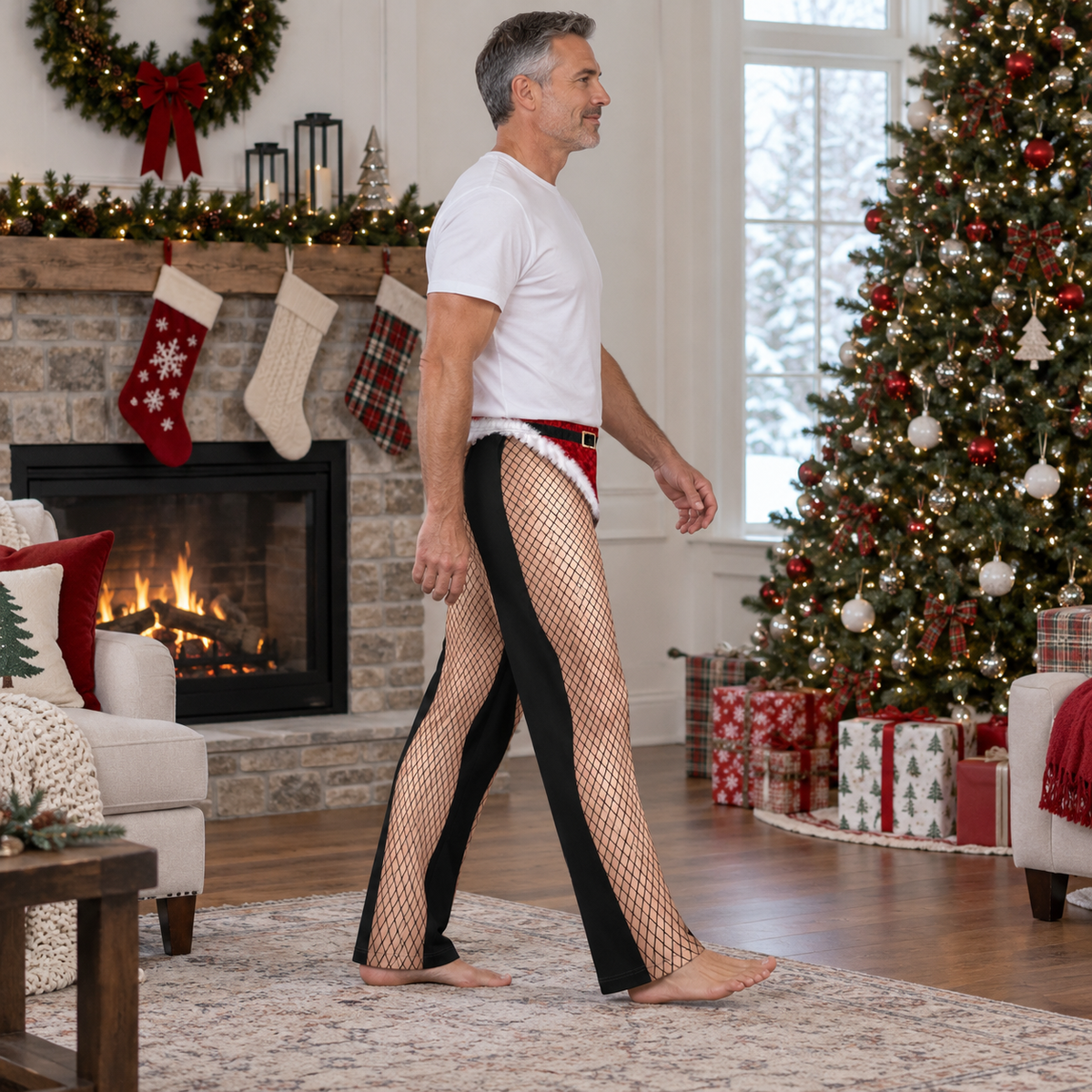 Novelty Christmas Pajama Pants Fishnet Santa Brief Print Loungewear