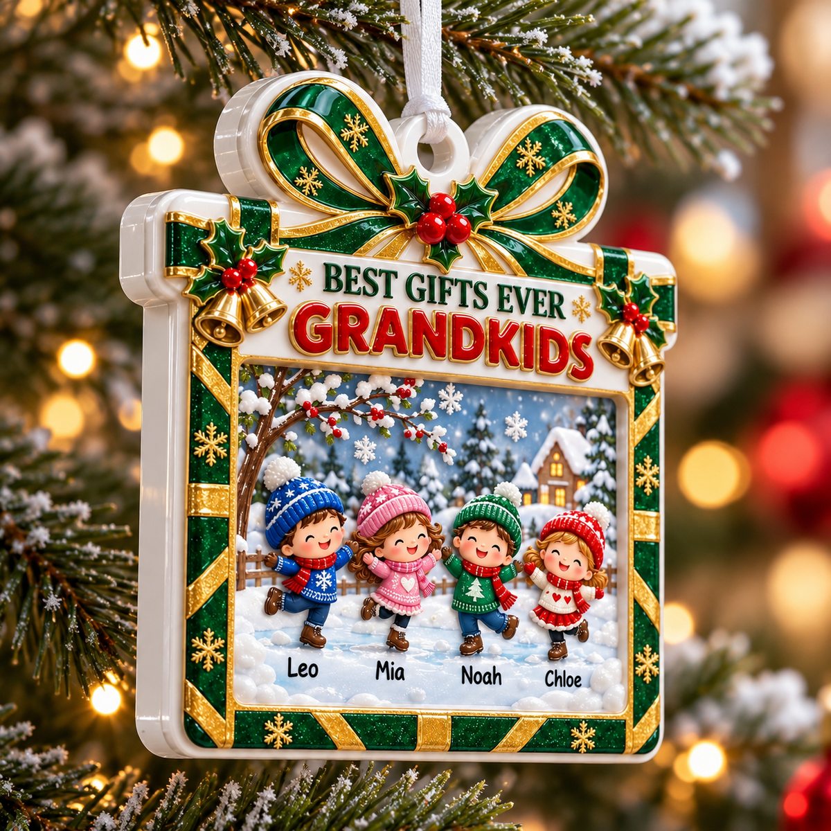 Grandkids Winter Skating Present Frame Holiday Keepsake - 3D Relief Ornament