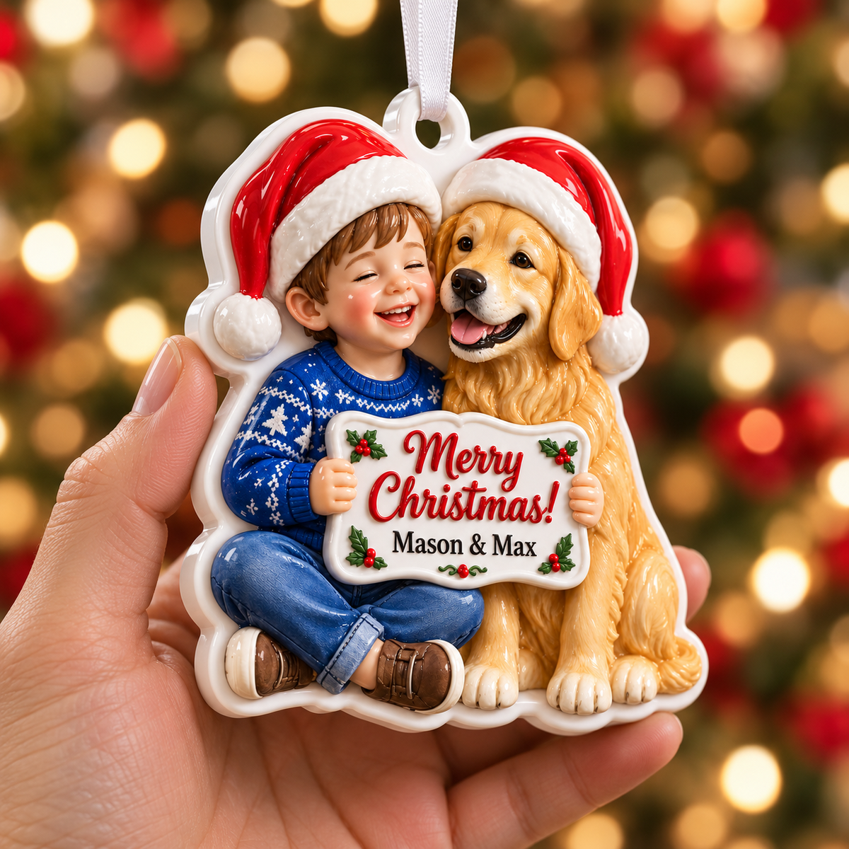 Boy and Golden Retriever Dog with Santa Hats Holiday Keepsake - 3D Relief Ornament