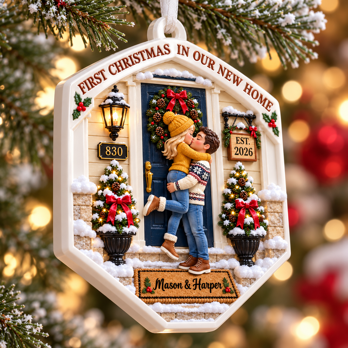 First Christmas in Our New Home Front Porch Couple Plaque - 3D Relief Ornament