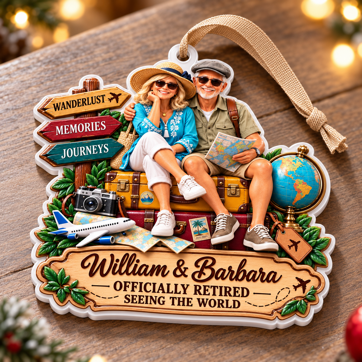 Retired Couple Traveling World Vacation Keepsake - 3D Relief Ornament