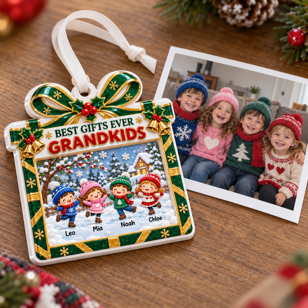 Grandkids Winter Skating Present Frame Holiday Keepsake - 3D Relief Ornament