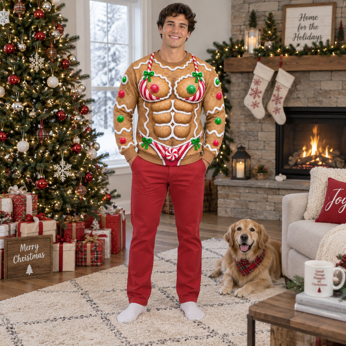 Hairy Chest Christmas Sweatshirt Fake Abs Novelty Holiday Pullover
