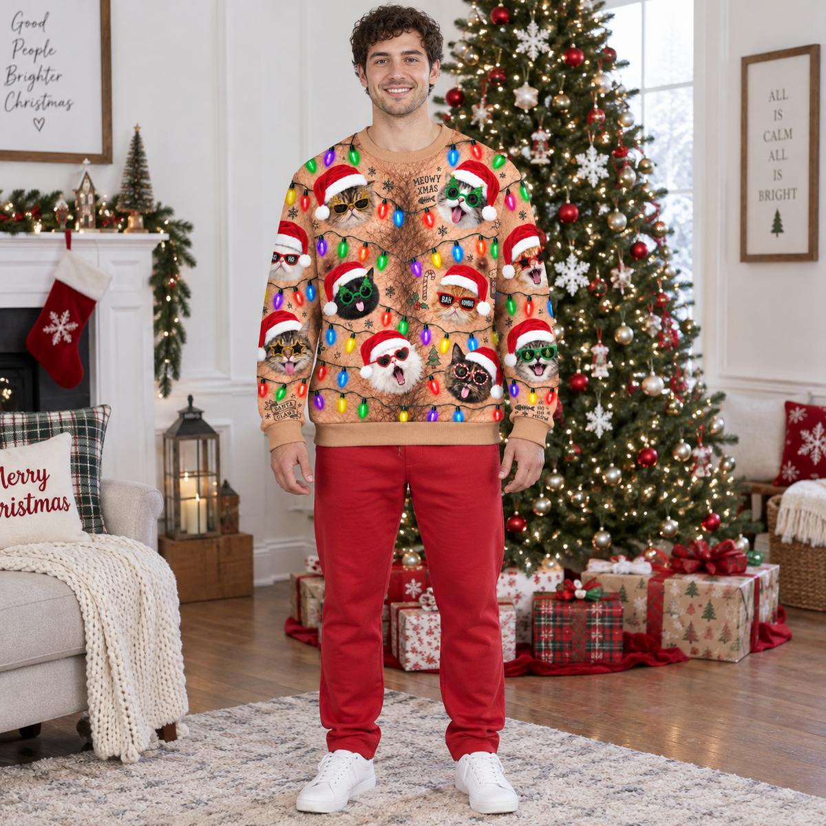 Christmas Sweatshirt, Funny Hairy Chest Holiday Lights Crewneck Top