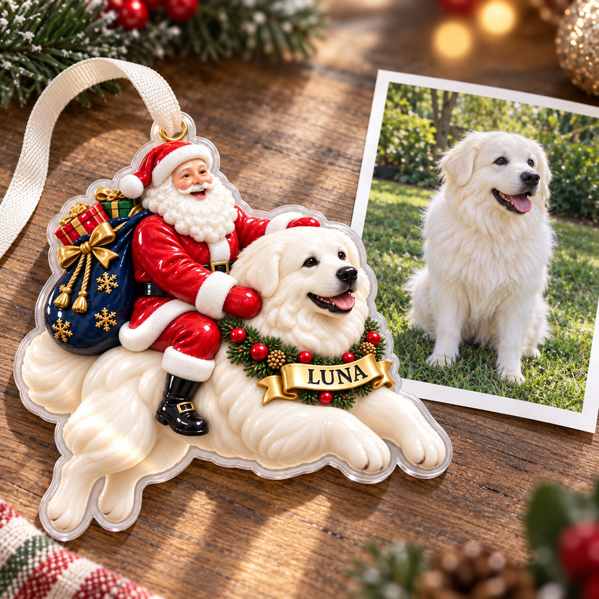 Great Pyrenees Santa Claus Christmas Tree Hanging Decoration - 3D Relief Ornament