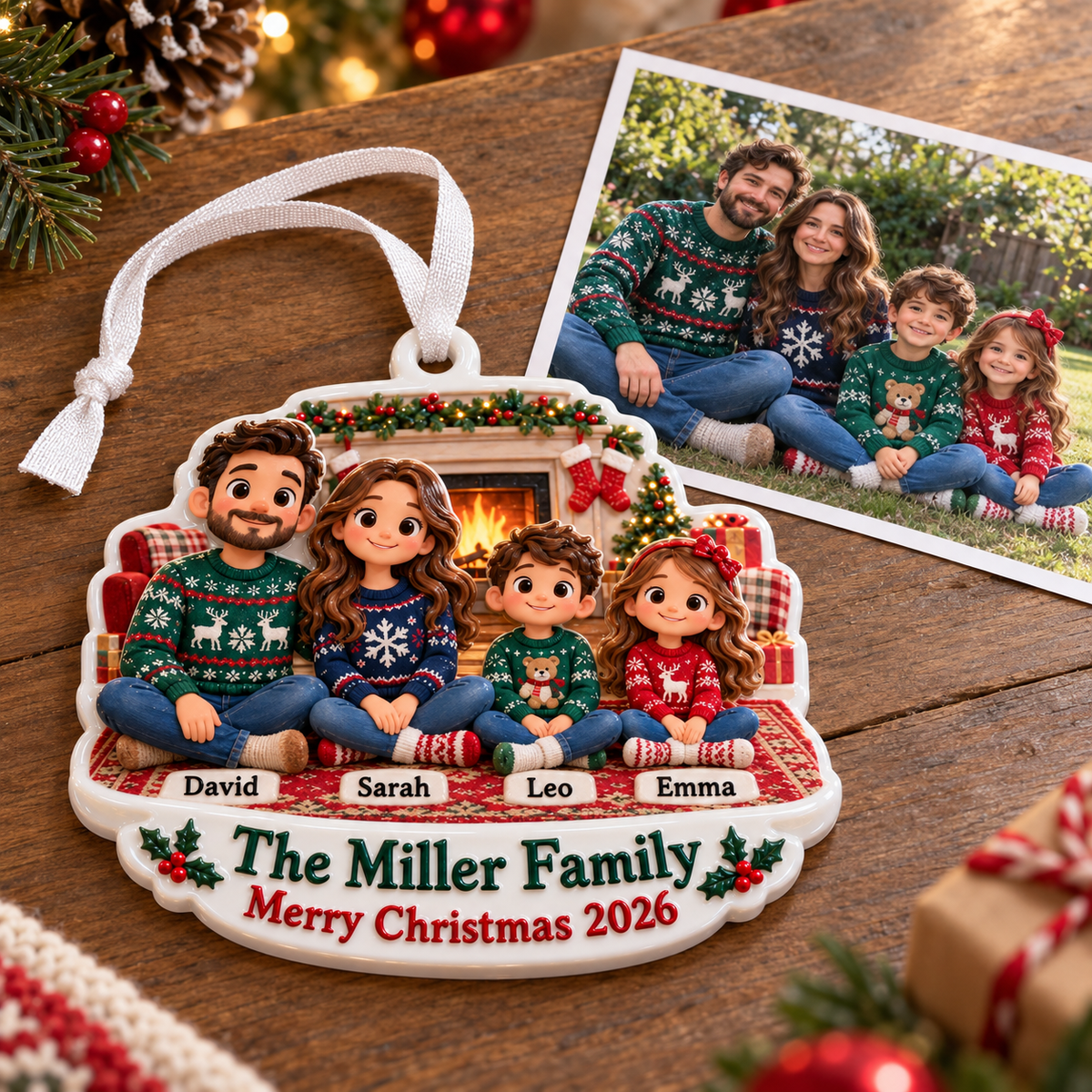 Family of Four by the Fireplace Cartoon Holiday Keepsake - 3D Relief Ornament