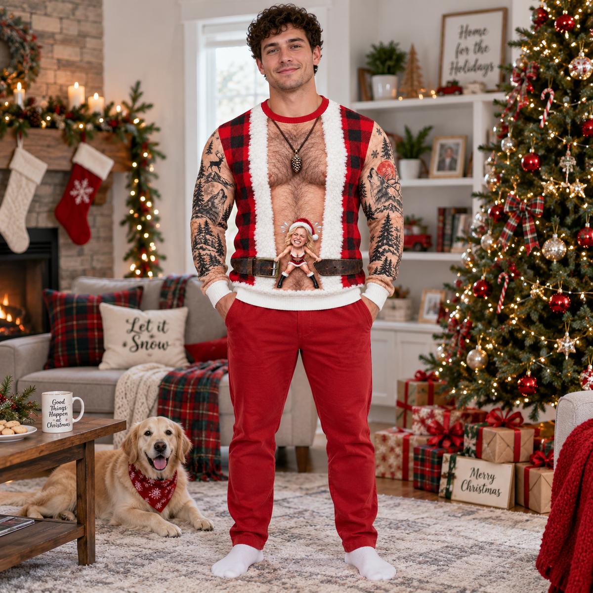 Funny Christmas Sweatshirt Hairy Chest Plaid Vest Tattoo Graphic