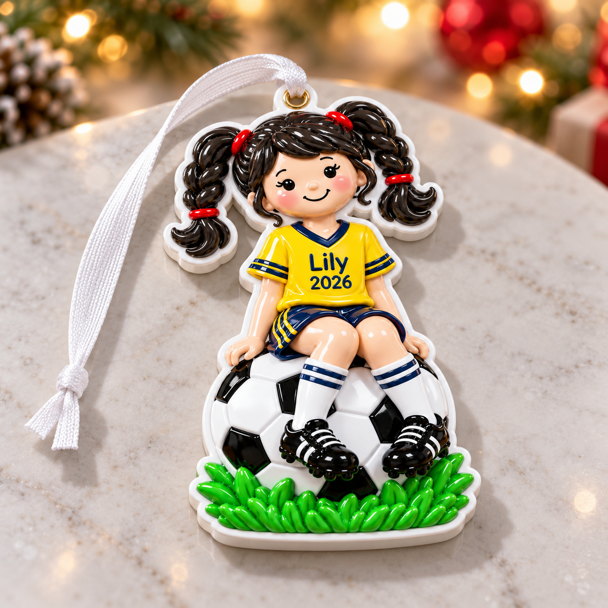 Soccer Player Girl in Yellow Jersey Sitting on Ball Hanging Holiday Keepsake - 3D Relief Ornament