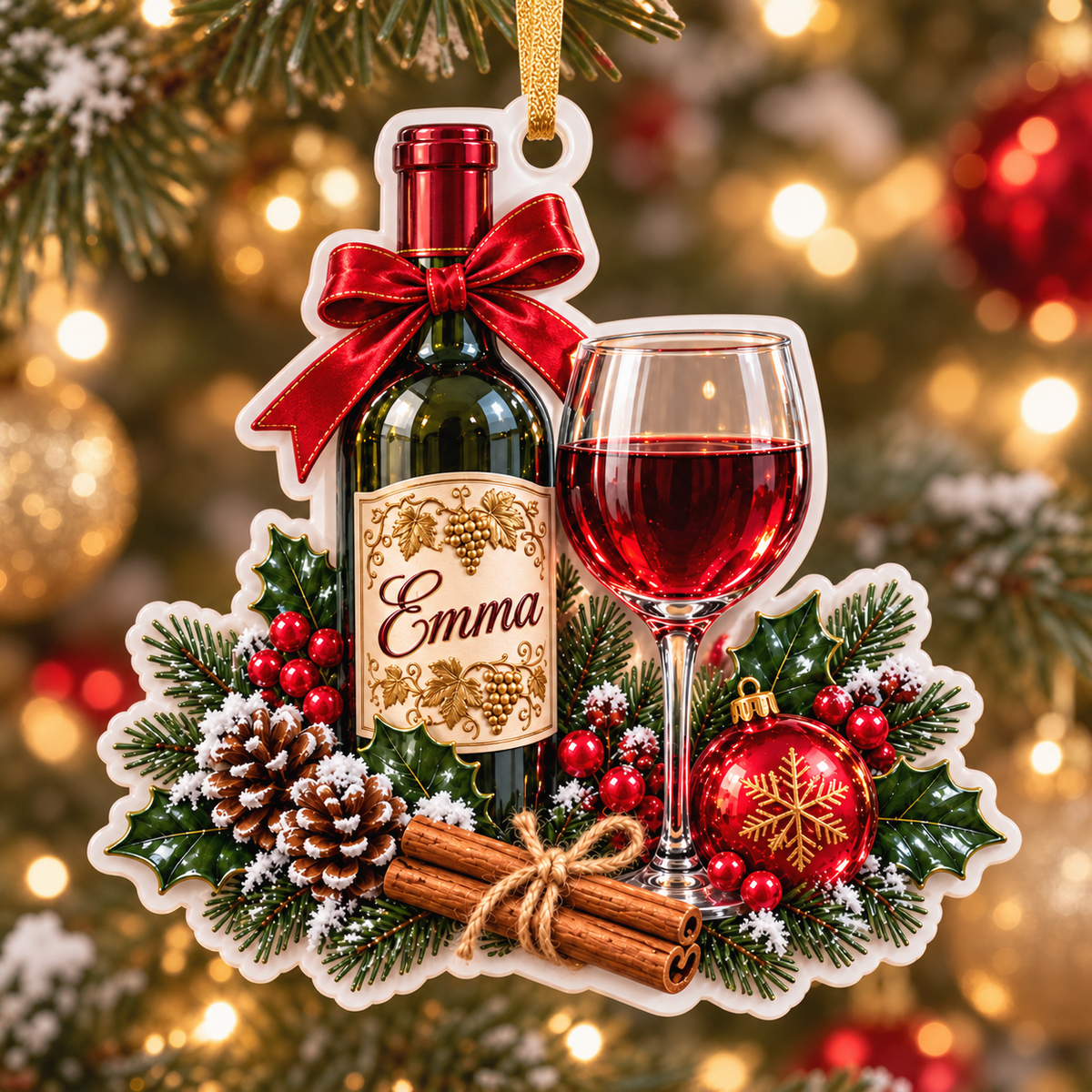 Red Wine Bottle and Glass Christmas Tree Holiday Decoration - 3D Relief Ornament