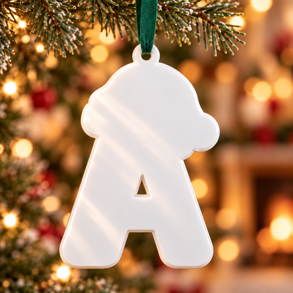 Christmas Letter A Monogram with Santa Hat, Green and White Holiday Tree Hanging - 3D Relief Ornament